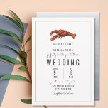 Convite Casamento de lagosta de pínstripe<br><div class="desc">Um convite de casamento com uma design de cor de água inspirada em chambray. A frente apresenta a ilustração de uma lagosta e de uma borda vermelha esmaecida. Personalize o texto da cinza.</div>