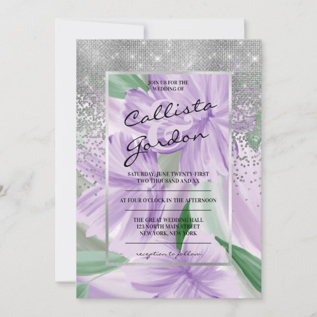 Convite Casamento de Lama Floral de Prata Verde Roxo Elega (Frente)