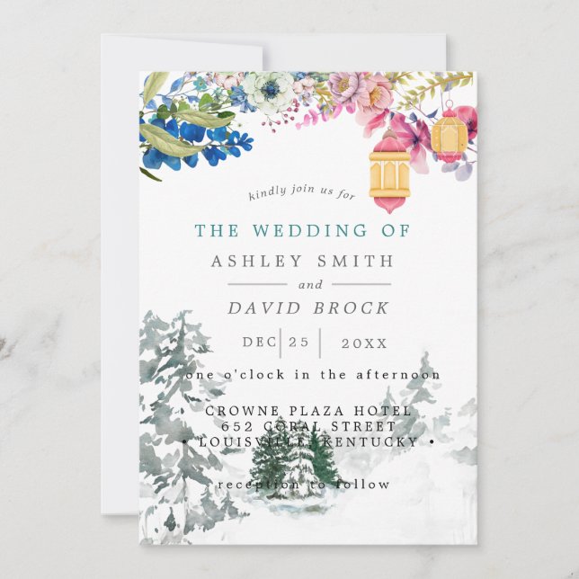 Convite Casamento de Lanterna Botânica de Árvores de Pinhe (Frente)