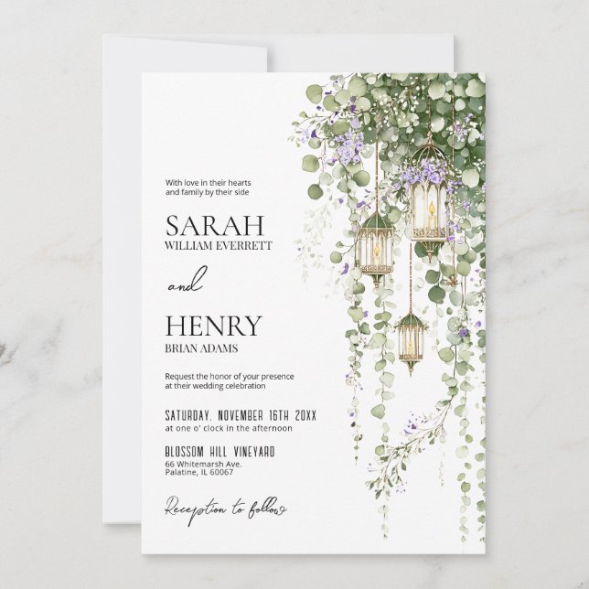 Convite Casamento de Lanterna Floral Roxo Verde Salvia (Frente)