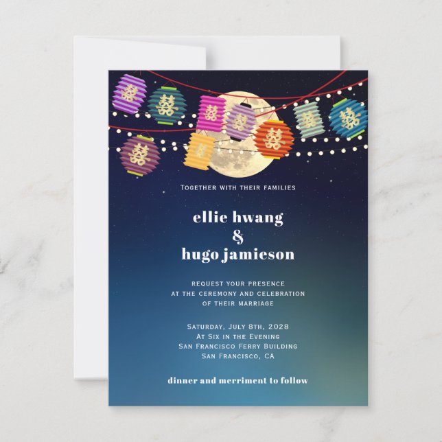 Convite Casamento de Lanternas de Felicidade Dupla do outo (Frente)