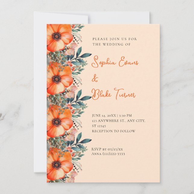 Convite Casamento de Laranja Floral e Creme Verde (Frente)