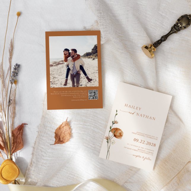 Convite Casamento de Laranja Queimado com Foto de Flor Sel (Criador carregado)