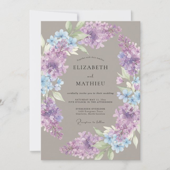 Convite Casamento de Láurea Floral Lilás Azul (Frente)