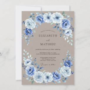 Convite Casamento de Laurél Floral Azul Empoeirado