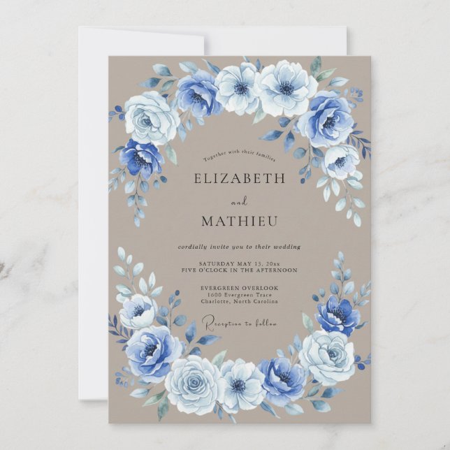 Convite Casamento de Laurél Floral Azul Empoeirado (Frente)