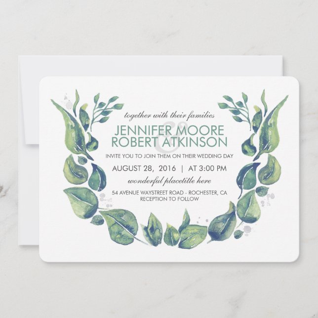 Convite Casamento de Laurel Greenery Wreath Watercolor (Frente)