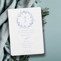 Casamento de Laurel Wreath Monogramas Azul Elegant
