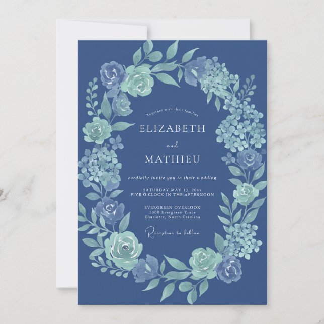 Convite Casamento de Lauro Floral Azul Marinho (Frente)