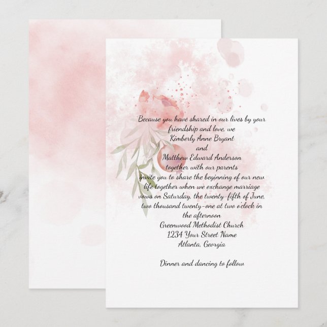 Convite Casamento de Lavagem de Pastel Pink Peony Watercol (Frente/Verso)