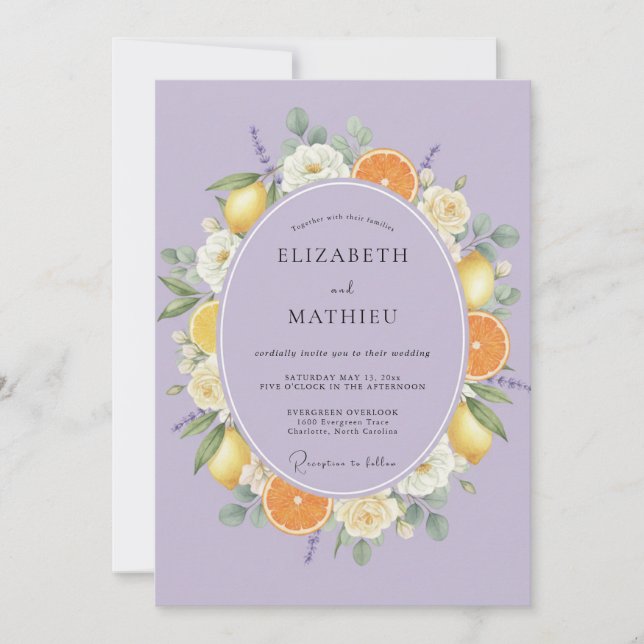 Convite Casamento de Lavanda Cítrico Frutas Eucalipto (Frente)