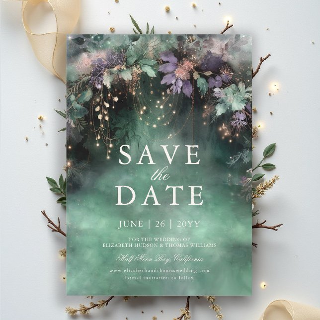 Convite Casamento de Lavanda de Floresta Encantada Salvar  (enchanted forest save the date wedding emerald green gold fairytale fairy garden woodland magic)