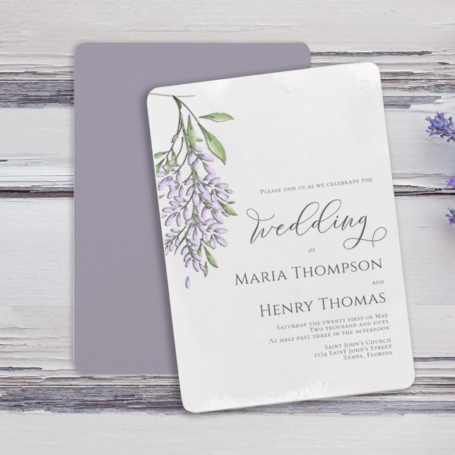 Convite Casamento de Lavanda de Script de Caligrafia Elega (Watercolor elegant Spring wisteria flower vine wedding invitation. )