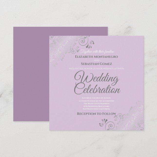 Convite Casamento de Lavanda Elegante Silver Filigree (Frente/Verso)