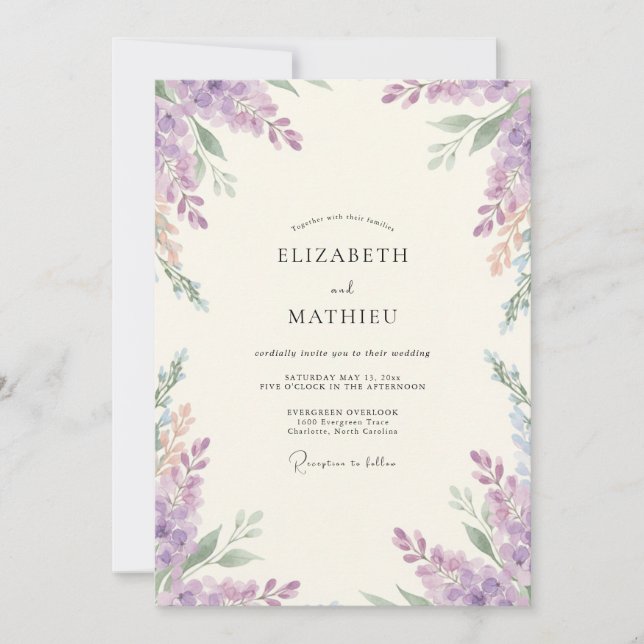 Convite Casamento de Lavanda empoeirada Wisteria (Frente)