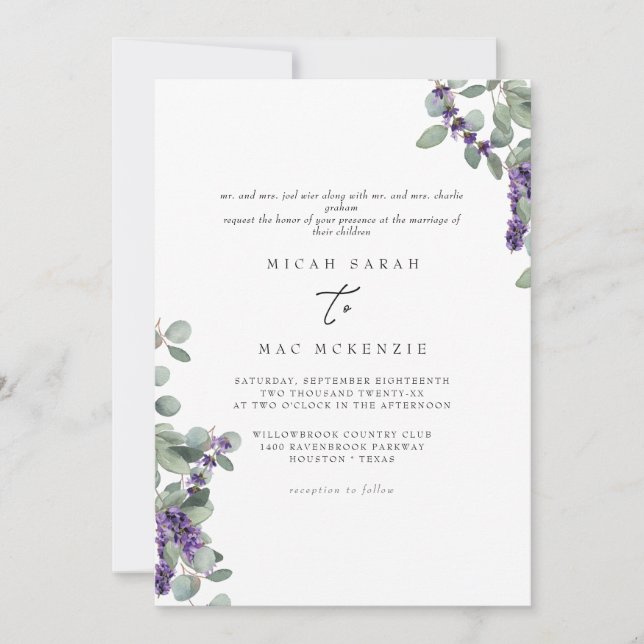 Convite Casamento de Lavanda Eucalipto Ambos os Conjuntos  (Frente)