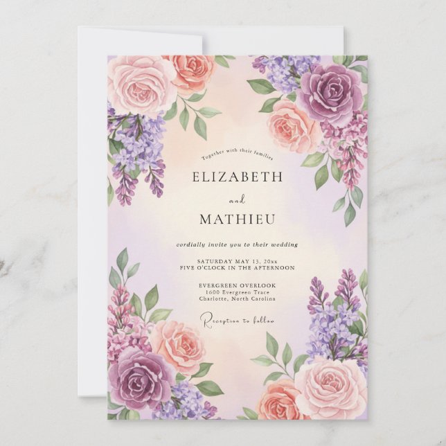 Convite Casamento de Lavanda Eucalipto Coral Roxo (Frente)