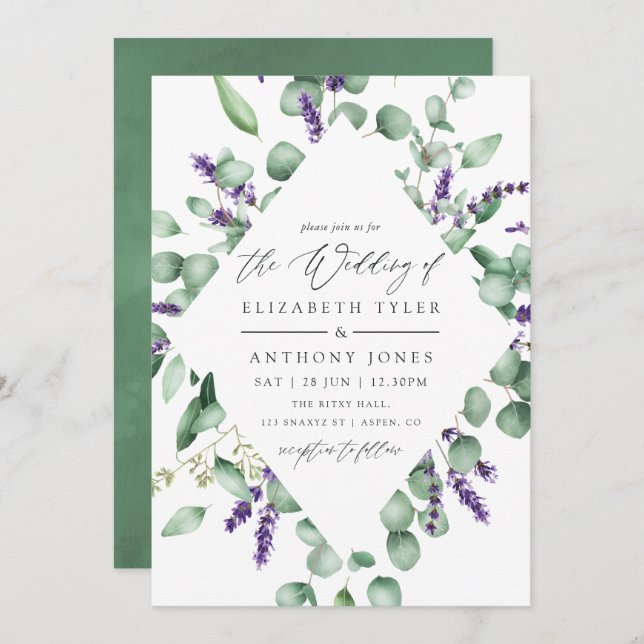 Convite Casamento de Lavanda Eucalyptus Greenery (Frente/Verso)