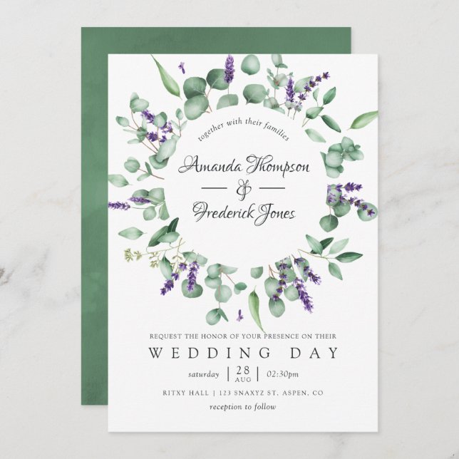 Convite Casamento de Lavanda Eucalyptus Greenery (Frente/Verso)