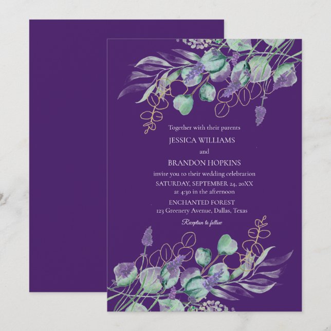 Convite Casamento de Lavanda Eucalyptus Purple Botânico (Frente/Verso)