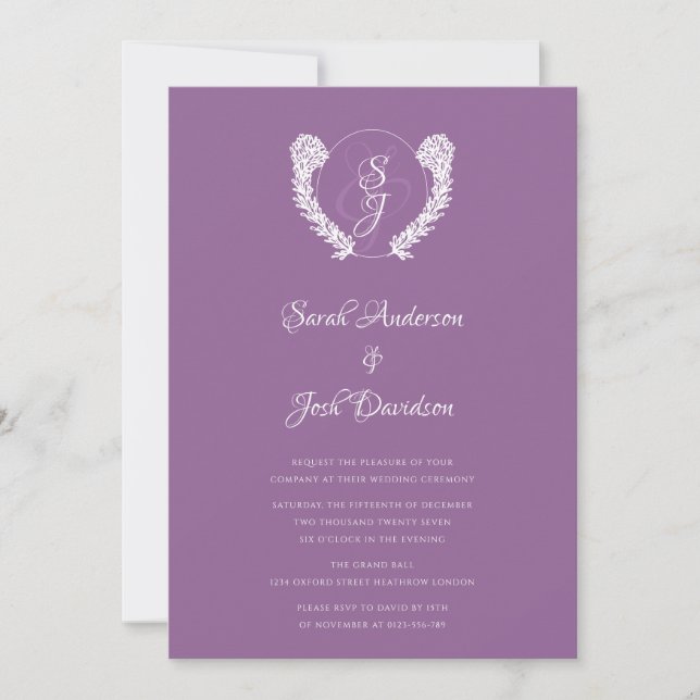 Convite Casamento de Lavanda Floral Classy Monogramas (Frente)
