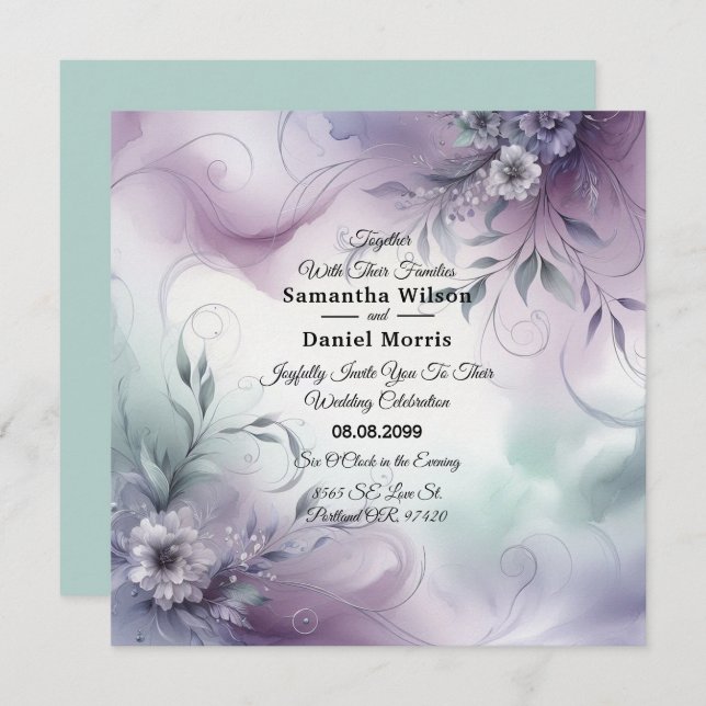 Convite Casamento de lavanda Mist e Whispers Watercolor (Frente/Verso)