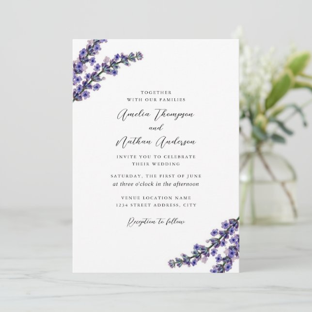 Convite Casamento de Lavanda Roxa Elegante (Em pé/Frente)