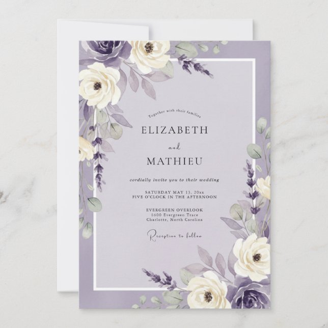 Convite Casamento de Lavanda Violeta Folhagem Eucalipto (Frente)