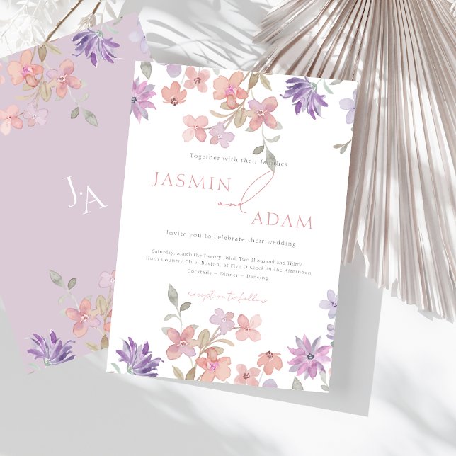 Convite Casamento de Lavandas Elegantes e Flores Selvagens (Elegant Lavender & Pink Wildflowers Wedding Invitation)