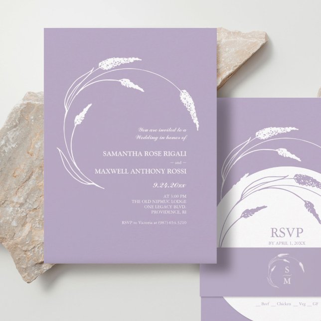 Convite Casamento de Lavandas Moderna Elegante (Stacked wedding invitations lavender line art by Victoria Grigaliunas of Do Tell A Belle)