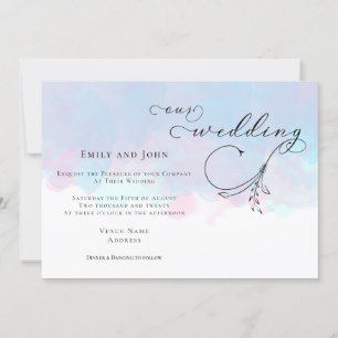 Convite Casamento de Leaf Script Pink Blue Lilac Watercolo