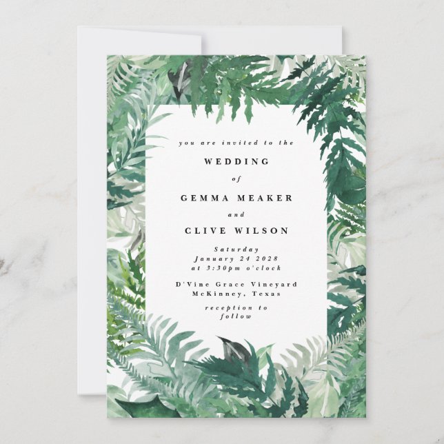 Convite Casamento de Leafy Greenery Watercolor (Frente)