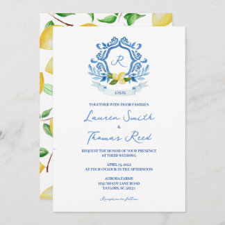 Convite Casamento de Lemons com Azul de Aquarela Mediterrâ