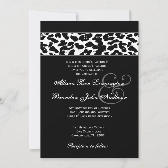 Convite Casamento de Leopardo Negro e Branco (Frente)