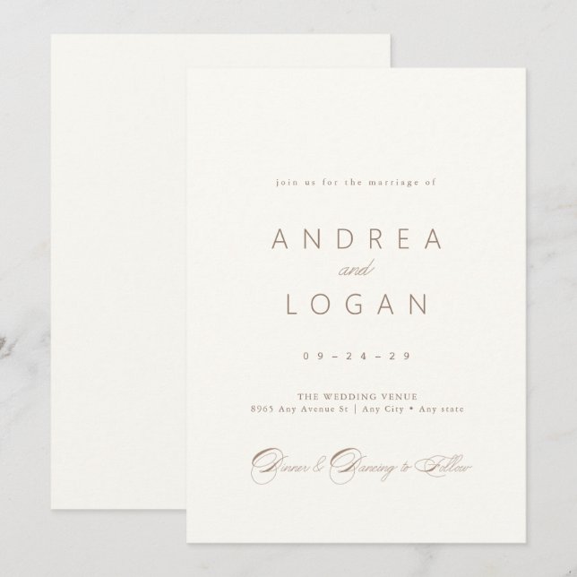 Convite Casamento de Letra de Caligrafia Simples e Elegant (Frente/Verso)