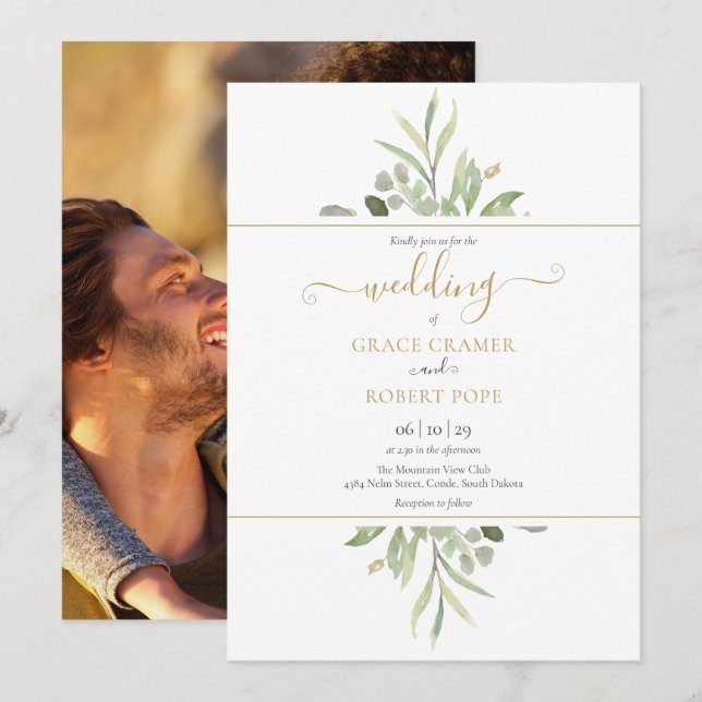 Convite Casamento de Letra Dourada com Vegetação Botânica (Frente/Verso)