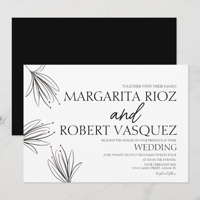 Convite Casamento de Letra Elegante Desenhada à Mão com Lí (Frente/Verso)