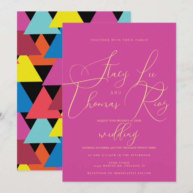 Convite Casamento de Letra Moderna Negrita Brilhante e Col (Frente/Verso)