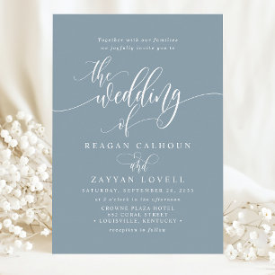 Convite Casamento de Letra Moderna Simples Azul Empoeirado