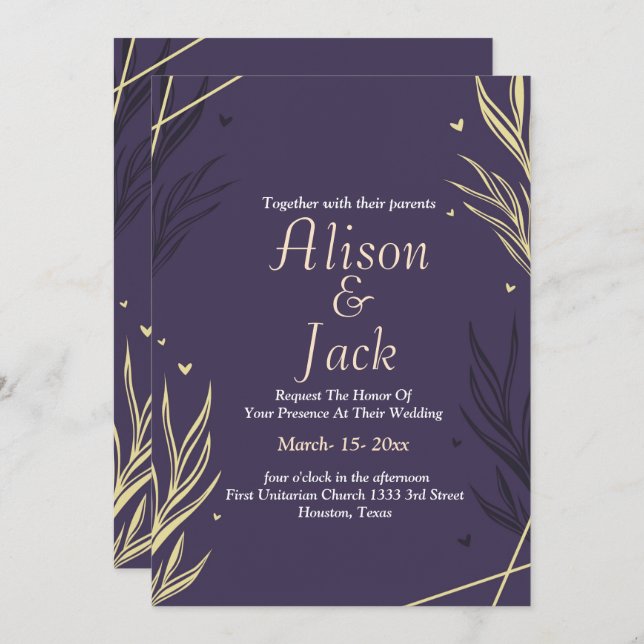 Convite Casamento de licença negra e amarela (Frente/Verso)