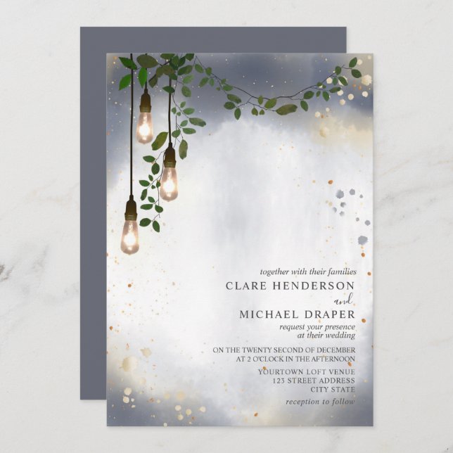 Convite Casamento de Lightbulb Greenery Garland Watercolor (Frente/Verso)