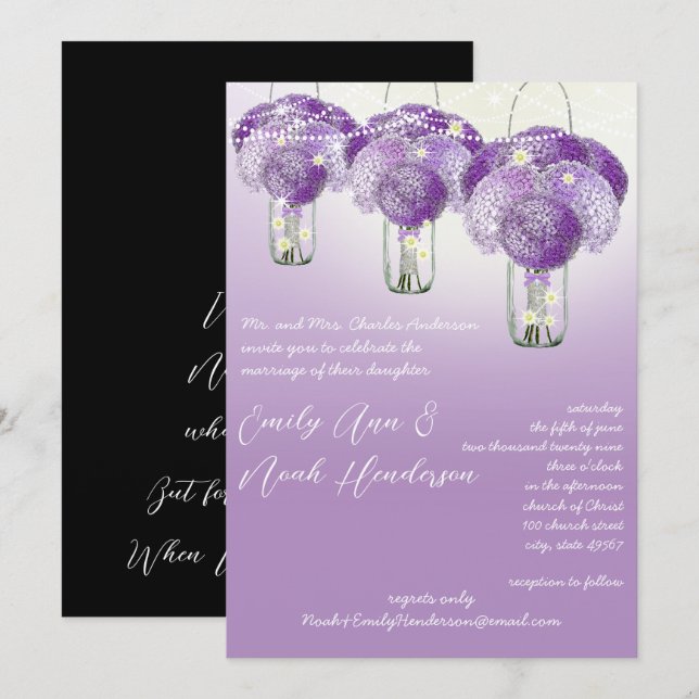 Convite Casamento de Lilac Purple Mason Jar Firefly (Frente/Verso)