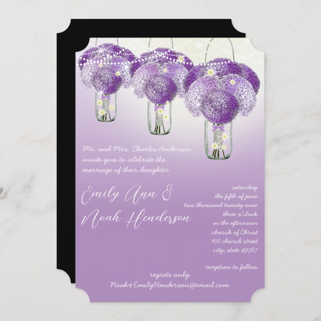 Convite Casamento de Lilac Purple Mason Jar Firefly (Frente/Verso)