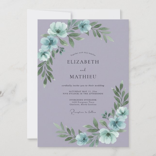 Convite Casamento de Lilás Aqua Anêmona (Frente)