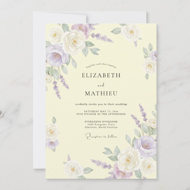 Convite Casamento de Lilás com Creme e Folhas de Eucalipto (Frente)