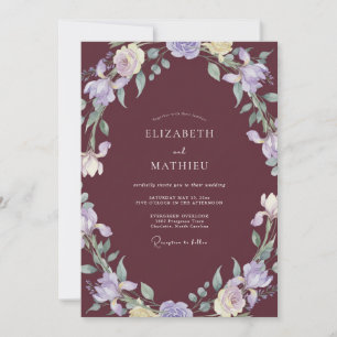Convite Casamento de Lilás Coroa de Vinho Profundo