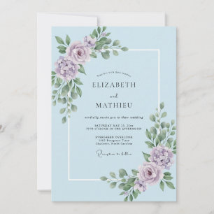 Convite Casamento de Lilás Folhado Azul Céu