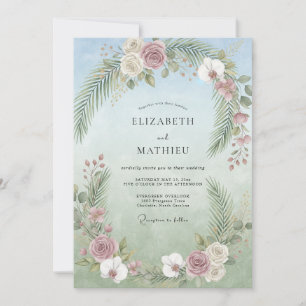 Convite Casamento de Lilás, Palmeira Tropical e Eucalipto