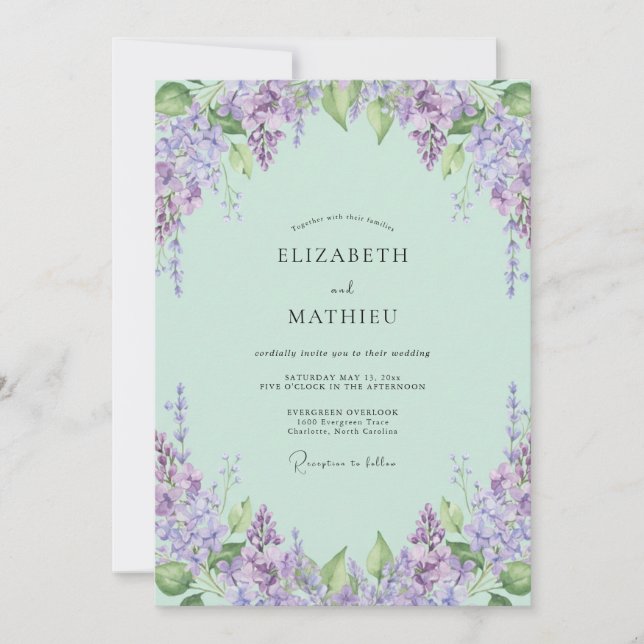 Convite Casamento de Lilás Wisteria Macio Menta (Frente)