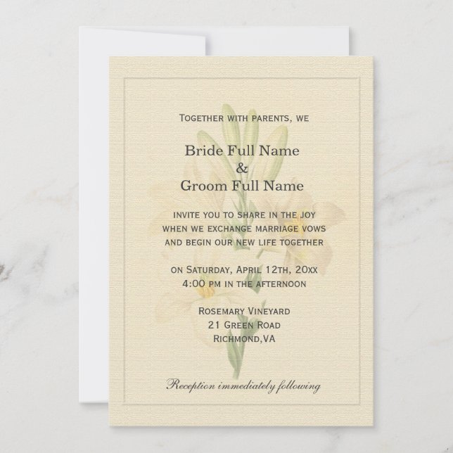 Convite Casamento de Lily Branca de Arte Botânica Elegante (Frente)